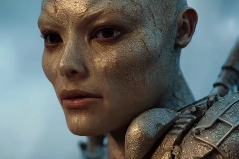 Prompt: VFX movie of a futuristic alien warrior closeup portrait in war zone, beautiful natural skin natural lighting by Emmanuel Lubezki