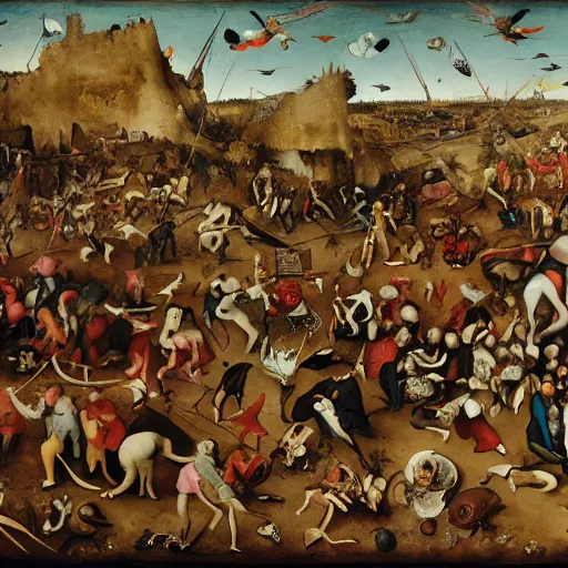 Prompt: the triumph of death by bruegel, with covid, and people in suits running around