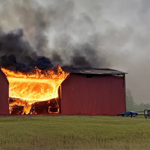 Prompt: a small barn engulfed in flames