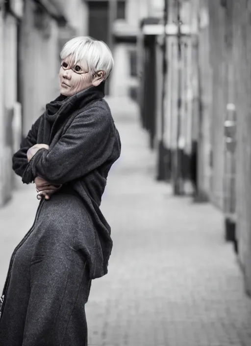 Image similar to color medium shot portrait of 50-year-old woman from Norway with short hair, candid street portrait in the style of Rehahn award winning, Sony a7R