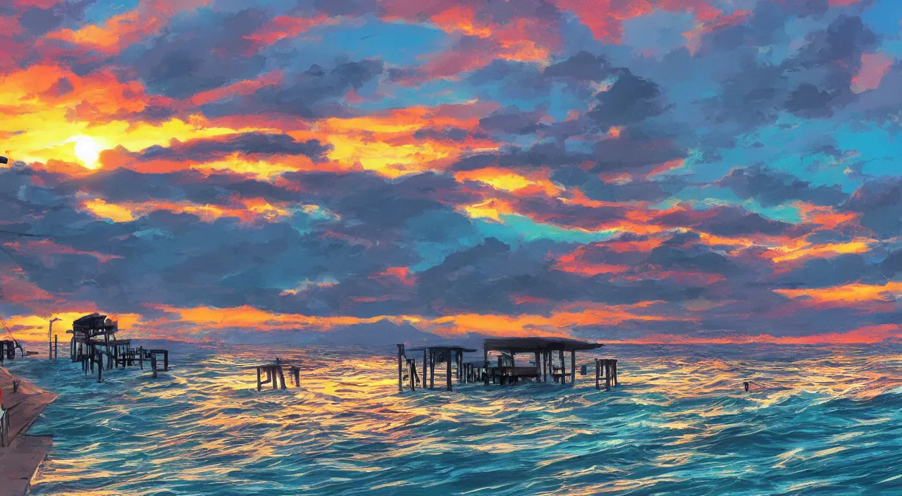 Image similar to ocean side beach sunset sky clouds waves water pier dock fishing poles beautiful artstation 4 k breathtaking illustration cartoon by jack kirby artstation concept art matte painting