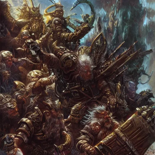 Image similar to art by donato giancola and bayard wu and gustav moreau and wayne barlowe, a fantasy cinematic close up shot of a dwarf berserker, fighting a horde of rats, warhammer, dnd, fighting monsters,