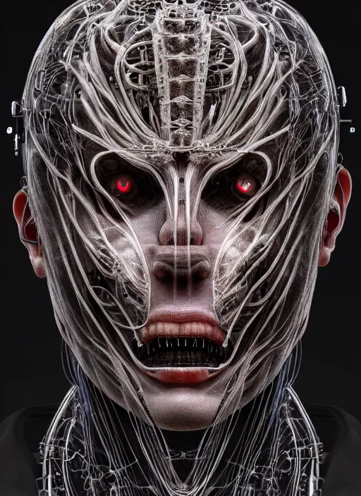 Image similar to portrait of neural nightmares by yoshitaka amano and HR Giger, detailed face face face face, facial structure, hd, 8k, very very very very electronic, biomechanical, biology, bio, neural machine, single subject