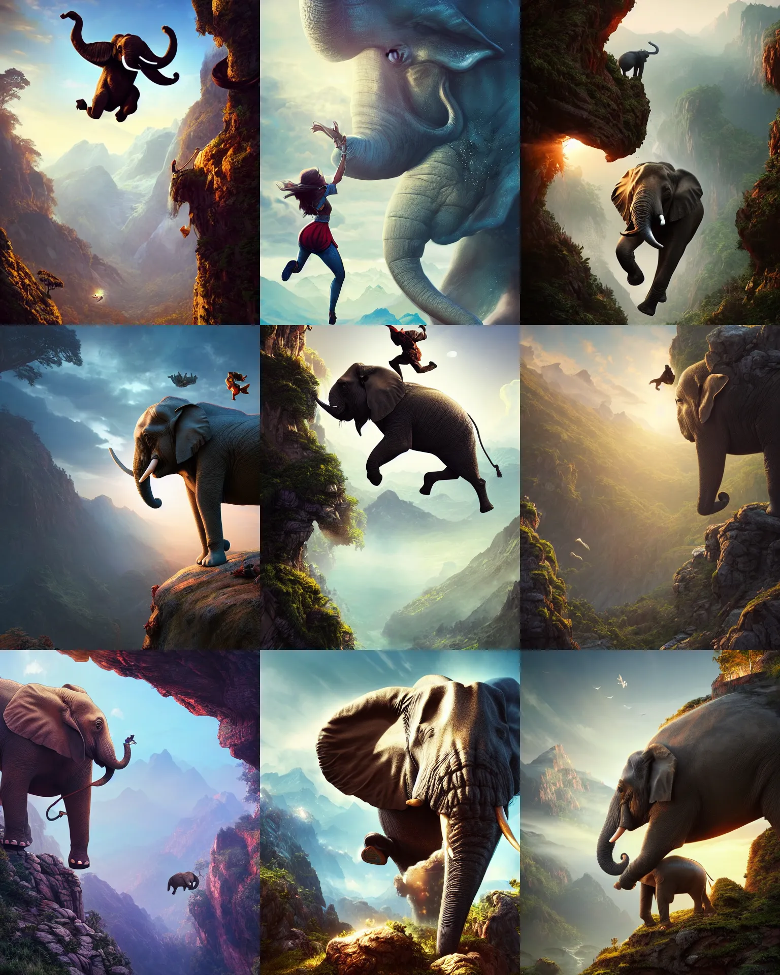 Prompt: a jumping elephant on mountain, fantasy, intricate, epic lighting, cinematic composition, hyper realistic, 8 k resolution, unreal engine 5, by artgerm, tooth wu, dan mumford, beeple, wlop, rossdraws, james jean, marc simonetti, artstation