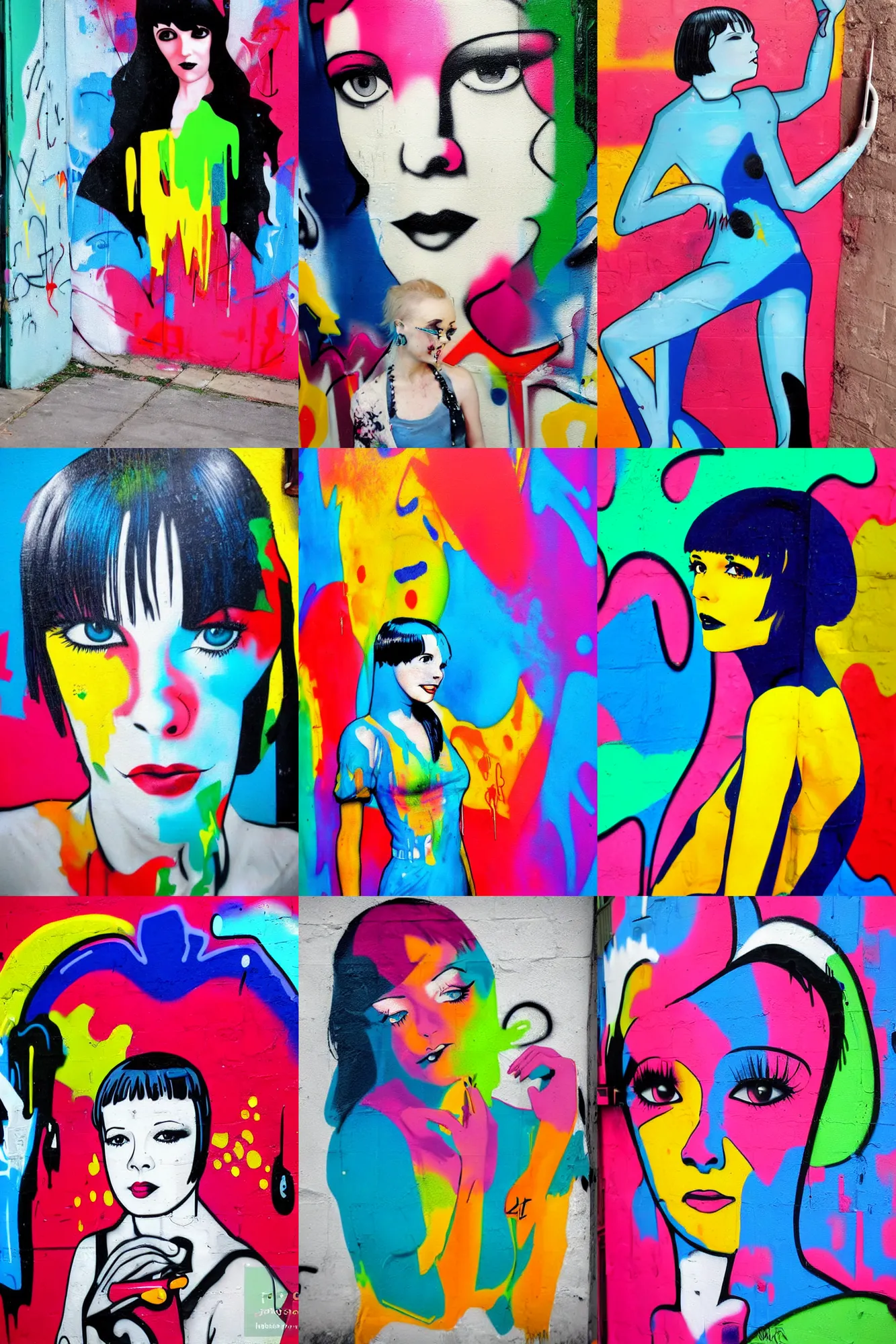 Prompt: graffiti of 2 2 year old mary louise brooks, graffiti street art, bright colours, paint drips