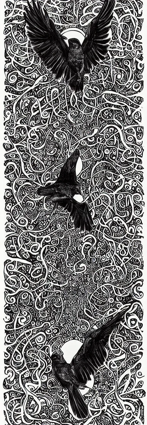 Image similar to psychedelic, monochrome artwork!!, of a single raven and deer combined, in front of an owl that is a window into the ocean, by didier comes, graphic novel art,