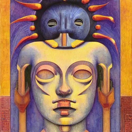 Image similar to portrait of a robot shaman, by annie swynnerton and edward hopper and jean delville and rufino tamayo and evelyn de morgan, art deco shaman, stylized geometric flowers, art brut, outsider art, symbolist, dramatic lighting, god rays, clean crisp graphics, smooth sharp focus, extremely detailed, adolf wolfli