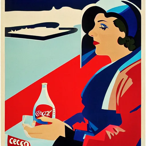 Image similar to a woman in a parka drinking a bottle of coke in an icy landscape, constructivist, russian, soviet advertisement, 1 9 5 0's