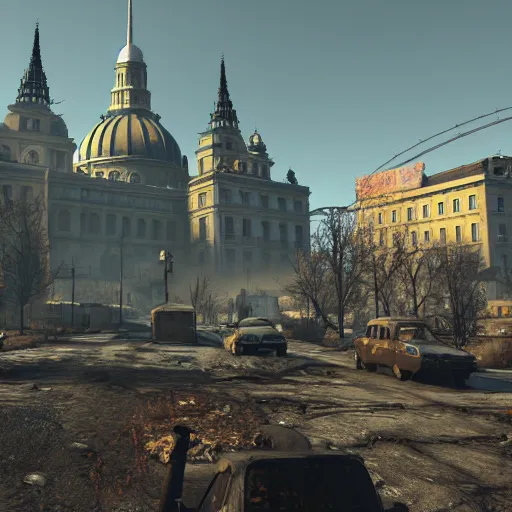 Image similar to fallout 5 set in budapest, game screenshot, 4 k, high detail