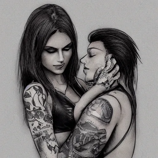 Image similar to Hot young woman, grey skin, tattoos, wearing leather and cuddling her little brother concept art