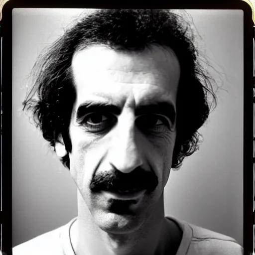 Prompt: Mugshot Portrait of Frank Zappa, taken in the 1970s, photo taken on a 1970s polaroid camera, grainy, real life, hyperrealistic, ultra realistic, realistic, highly detailed, epic, HD quality, 8k resolution, body and headshot, film still, front facing, front view, headshot and bodyshot, detailed face, very detailed face