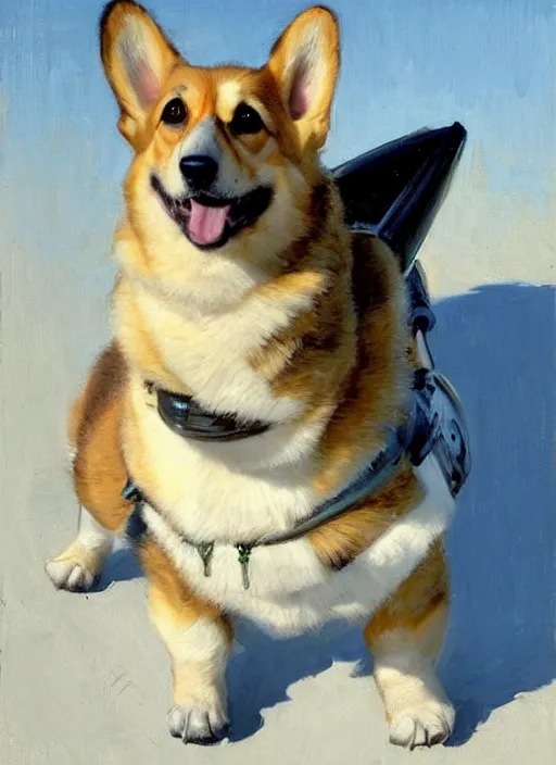 Prompt: Greg Manchess painting of a Corgi as Master Chief from Halo, countryside, calm, fantasy character portrait, dynamic pose, above view, sunny day, artwork by Jeremy Lipkin and Giuseppe Dangelico Pino and Michael Garmash and Rob Rey, very coherent asymmetrical artwork, sharp edges, perfect face, simple form, 100mm