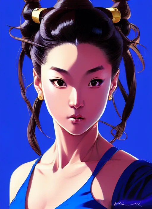 Image similar to a comic portrait of chun - li, fine - face, realistic shaded perfect face, fine details. blue - ish cosmic setting. very anime style. realistic shaded lighting poster by ilya kuvshinov katsuhiro, magali villeneuve, artgerm, jeremy lipkin and michael garmash, rob rey and kentaro miura style, trending on art station