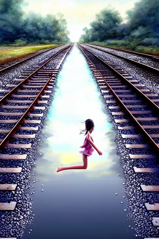 Image similar to reflective water submerges invisible underwater train tracks as a barefoot girl carries her shoes, there is a train station in the distance and large white clouds on a wide horizon, intricate, elegant, highly detailed, digital photo, artstation, concept art, smooth, sharp focus, low angle photo, art by artgerm and greg rutkowski and fra angelico