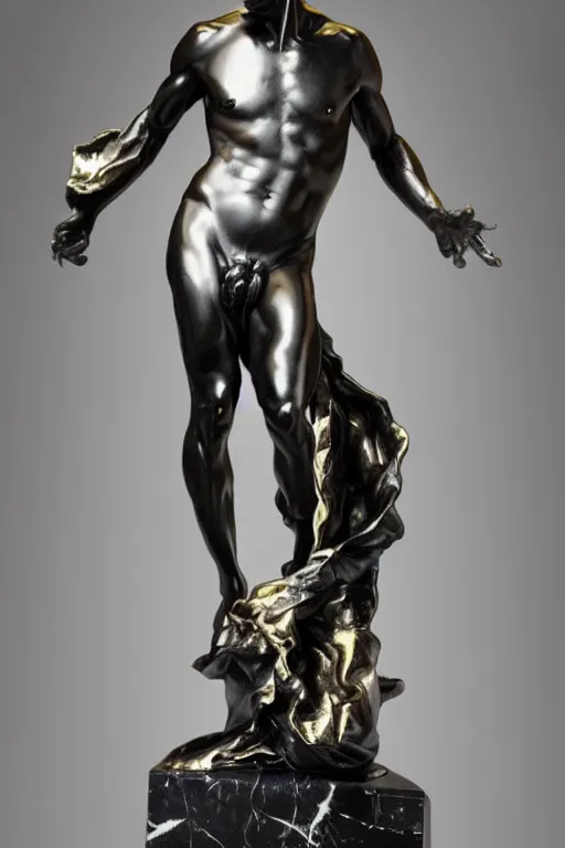 Image similar to andromeda prince statue sculpted by bernini and hedi xandt made with black marble with gold plating, realistic