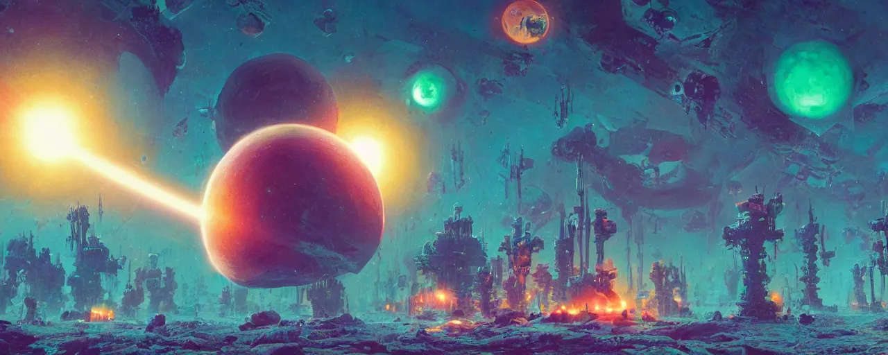 Prompt: ” planet and moons made of bones and lasers, [ shards, facets, by paul lehr, cinematic, detailed, epic, widescreen, opening, establishing, mattepainting, photorealistic, realistic textures, octane render ] ”