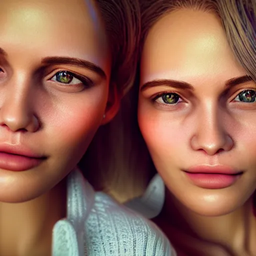 Image similar to intricate beautiful hyperreal portrait of identical twin women, smiling softly, casual clothes, relaxing on the couch, home interior, golden hour, close up shot, 8 k, art by irakli nadar, hyperrealism, hyperdetailed, ultra realistic