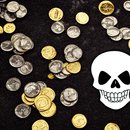 Image similar to burning white skull, dark cave, gold and silver coins on the floor