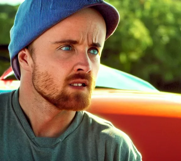 Image similar to extremely muscular Jesse Pinkman sitting in an El Camino car, close up, movie still, photorealistic, shot by Vince Gilligan