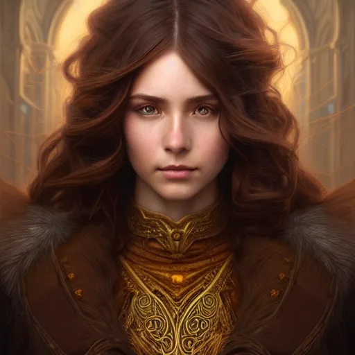 Image similar to brown haired mage medium portrait, female, city landscape, norway, d & d, fantasy, intricate, elegant, highly detailed, digital painting, brown and gold color palette, artstation, octane render, concept art, matte, sharp focus, illustration, herrarthstone, art by artgerm and greg rutkowski and alphonse mucha