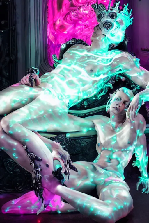 Image similar to full-body rococo and cyberpunk style neon statue of a muscular attractive macho dotado e rico android sim roupa reclining con las piernas abertas e la piroca dura, ethereal white dripping tar, glowing orange lasers, pink tigers, glowing eyes, silver prince crown, black gears, pink diamonds, swirling mint-colored silk fabric. futuristic elements. full-length view. human skulls. large intricate artwork by caravaggio. Trending on artstation, octane render, cinematic lighting from the right, hyper realism, octane render, 8k, depth of field, 3D