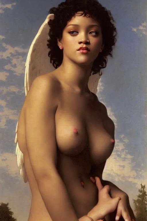 Image similar to rihanna as bbw angel in a romantic painting by william adolphe bouguereau, photorealistic, sharp and ultradetailed