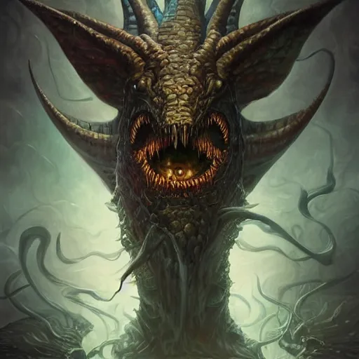 Image similar to eldritch abomination, oil painting, cinematic, intricate complexity, rule of thirds, in the style of Adam Paquette, Svetlin Velinov, Daarken, Artgerm, Keith Thompson, and Eric Deschamps, face by Artgerm and WLOP, magic the gathering art, dragon character concept