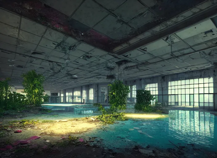 Image similar to inside a huge abandoned overgrown mall with swimming pool maze, bright halogen lights, highly detailed, 8 k, hdr, octane render, trending on artstation, volumetric lighting