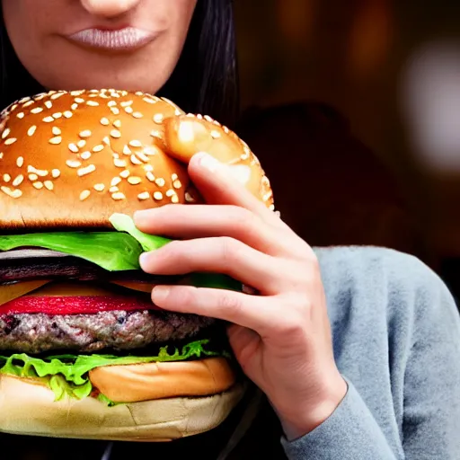 Prompt: a woman sewing human eyes onto a burger, 4 k, hyper realistic,