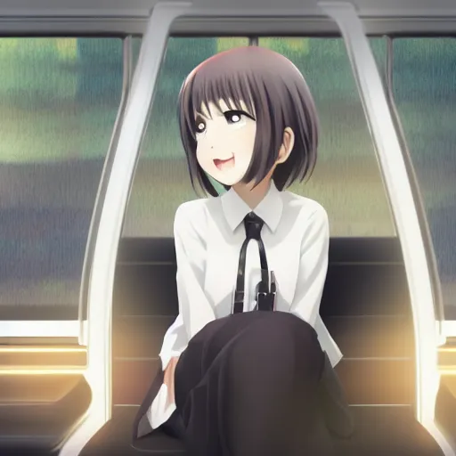 Prompt: portrait of the lone girl sitting in an empty train carriage, anime fantasy illustration by tomoyuki yamasaki, kyoto studio, madhouse, ufotable, trending on artstation