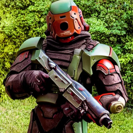 Image similar to doomguy from doom 2 cosplay, photography