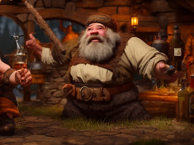 Image similar to Drunk Dwarf fights Bear Companion at a Tavern, RPG Portrait Full Body, Oil Painting, Trending on Artstation, octane render, Insanely Detailed, 8k, HD