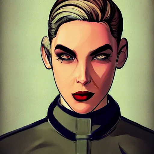 Image similar to character concept art of heroic stoic emotionless butch blond handsome woman engineer with very short slicked - back butch hair, narrow eyes, wearing atompunk jumpsuit, retrofuture, science fiction, illustration, pulp sci fi, digital art