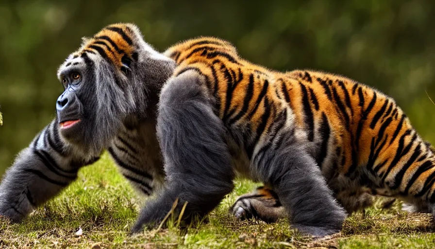 Image similar to a tiger gorilla!!! hybrid! hyper realistic!! realistic lighting!! wildlife photographer of the year!!! bold natural colors, national geographic, hd, wide angle, 8 k