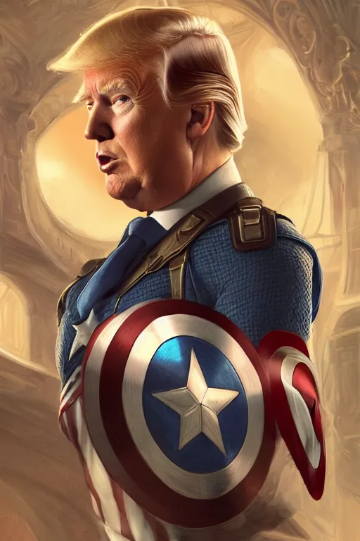 Image similar to a distant cinematic shot of Donald Trump as Captain America, D&D, fantasy, intricate, elegant, highly detailed, digital painting, artstation, concept art, matte, smooth, sharp focus, illustration, art by Artgerm and Greg Rutkowski and Alphonse Mucha, oil painting, 8k, hyper realistic