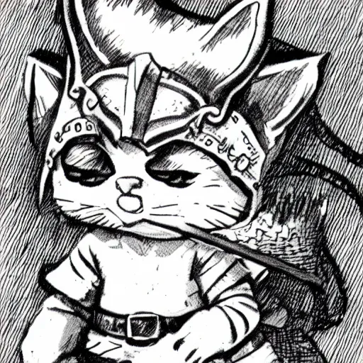 Image similar to Baby Kitten as a knight, highly detailed, black and white, manga, art by Kentaro Miura