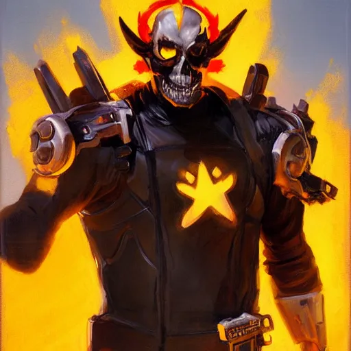 Image similar to greg manchess portrait painting of ghost rider as overwatch character, medium shot, asymmetrical, profile picture, organic painting, sunny day, matte painting, bold shapes, hard edges, street art, trending on artstation, by huang guangjian and gil elvgren and sachin teng