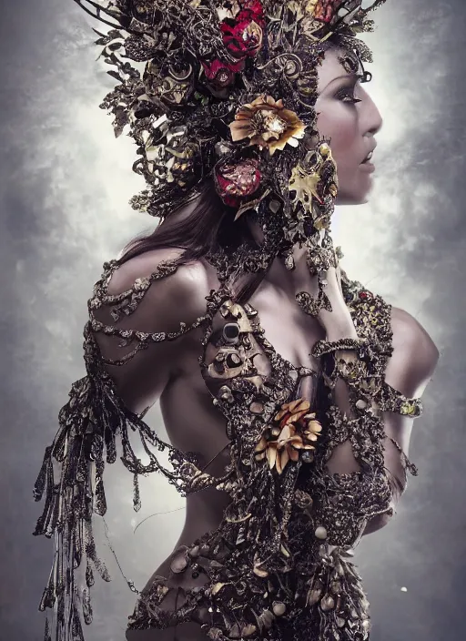 Image similar to expressive full body photo of a female model, ornate headpiece made from flowers, ornaments, glamour shot, by karol bak, by stefan gesell, photorealistic, canon r 3, fashion photography, hyper maximalist, elegant, ornate, luxury, elite, environmental portrait, symmetrical features, octane render, unreal engine, solid dark grey background, dramatic lights