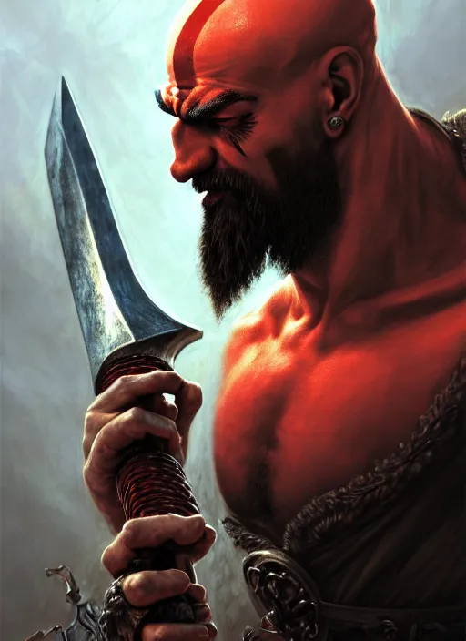 Image similar to closeup portrait shot of kratos with an axe, intricate, elegant, highly detailed, centered, digital painting, artstation, concept art, smooth, sharp focus, illustration, artgerm, tomasz alen kopera, peter mohrbacher, donato giancola, joseph christian leyendecker, wlop, boris vallejo