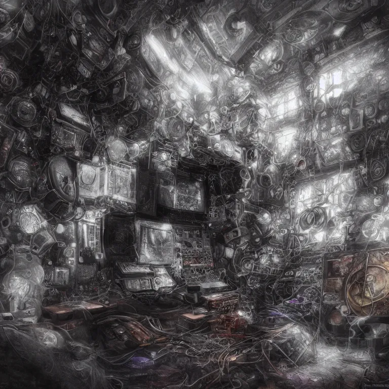 Image similar to the inside of a computer by mahmoud farshchian, mia brownell, very detailed, maximalism, ambient occlusion, volumetric light, atmospheric haze, hyper realism, realistic shading, cinematic composition, realistic render, photorealistic, wide shot