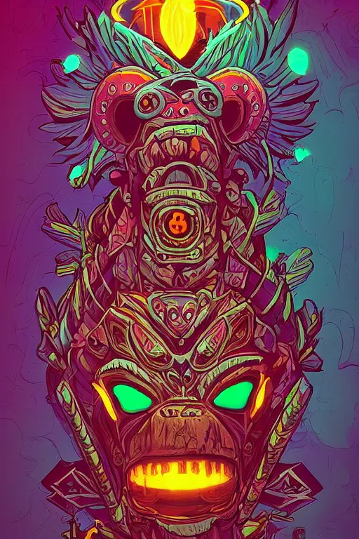 Image similar to totem animal tribal chaman vodoo mask feather gemstone plant wood rock video game illustration vivid color borderlands by josan gonzales and dan mumford radiating a glowing aura