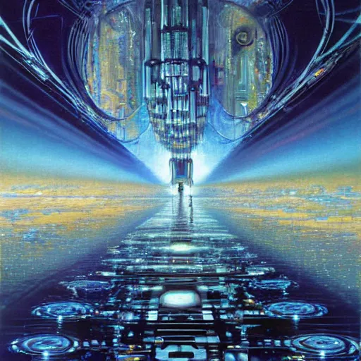 Image similar to The first artificial general intelligence awakens - award-winning digital artwork by Azimov, Dali, John Harris, H. R. Giger, Klimt, and John Berkey. Stunning lighting