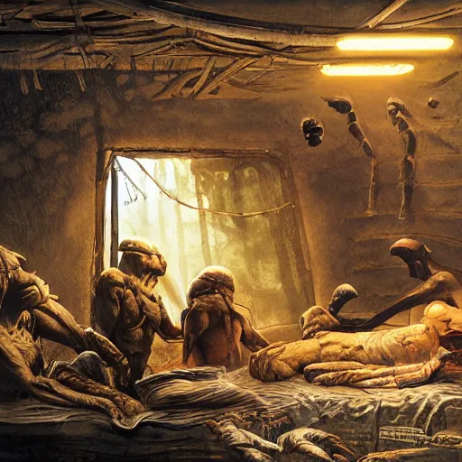 Prompt: primitive extraterrestrial villagers caring for injured human at bedside, inside primitive hut, cinematic, worm's eye view, dramatic lighting, illustration, ron cobb, mike mignogna, science fiction, detailed painting, high detail, rough paper