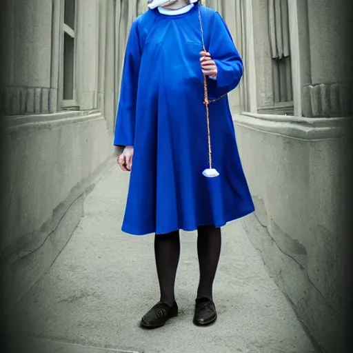 Image similar to blonde catolic nun in blue clothes, clutch yo - yo, transgender, photorealistic