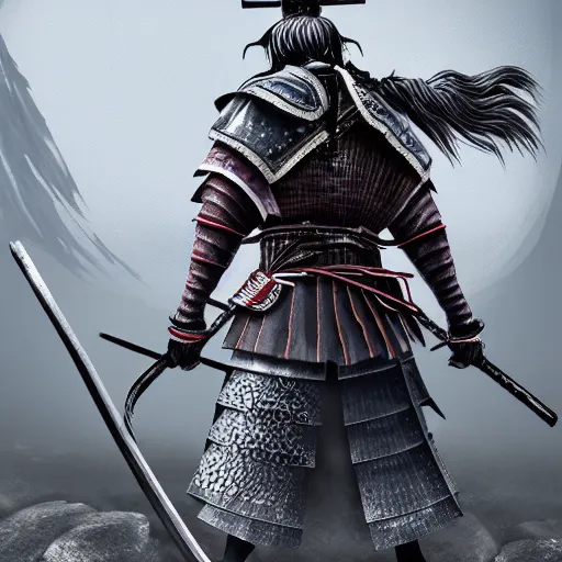 Image similar to japanese samurai boss inspired from dark souls 3 near a river, digital illustration, highly detailed art, 8k image quality, full body camera shot