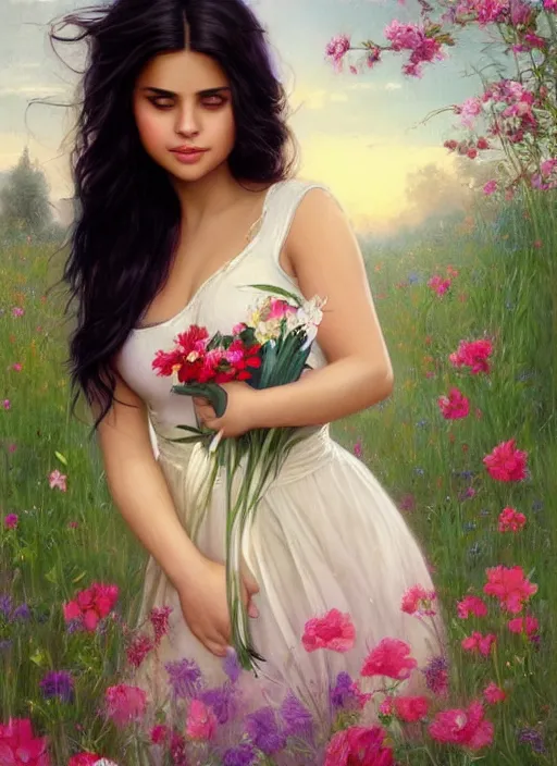 Prompt: beautiful thirty year old woman with long black hair, tan skin, curvy hourglass figure, round cute face, slight resemblance to selena gomez wearing a modest colorful disney princess gown in a field of flowers. beautiful painting by artgerm and greg rutkowski and bouguereau