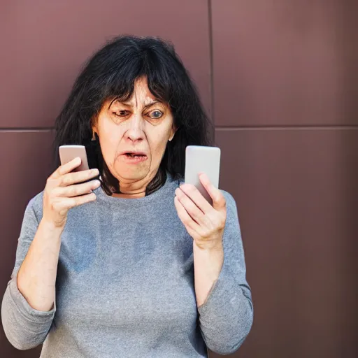 Prompt: astonished and angry middle aged lady looking at smartphone, unsure expression, greek ethnicity, thin face structure, uncombed straight grey black hair, angry eyes, photo, realistic, outdoor lighting, 4 k, 8 k, hd, 3 9 mm lens