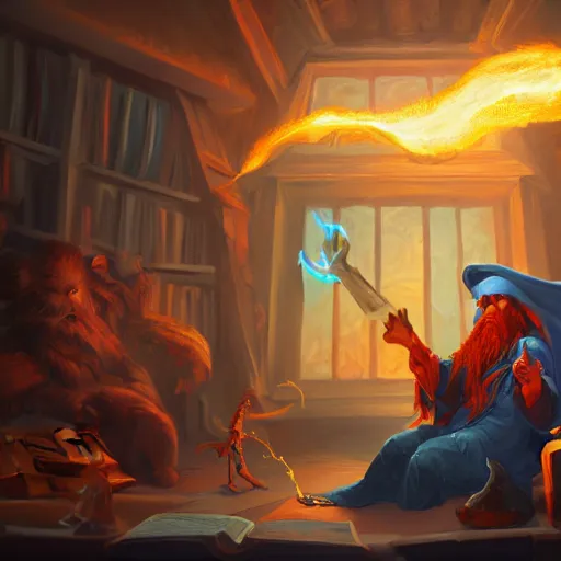 Image similar to A wizard casting a spell with fire and ice, surrounded by books, digital painting, detail oriented, highly detailed, beautiful, artstation, concept art, highly coherent, studio lighting, dynamic scene, By Barret Frymire