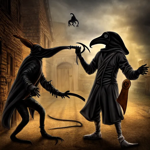 Image similar to plague doctor warrior confronting a giant plague rat, highly detailed, 8 k, hdr, smooth, sharp focus, high resolution, award - winning photo