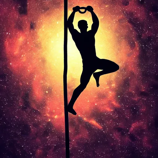 Image similar to athletic man doing a pullup using gymnastic rings, silhouette, long shot, in a cosmic nebula background, matte colors, dramatic, inspiring digital art trending on artstation